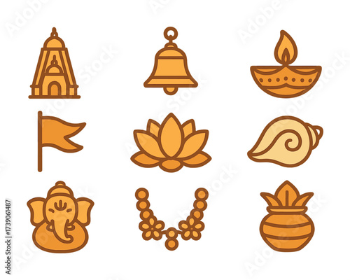 Set of hindu symbol icons: temple, bell, diya, flag, lotus, conch, ganesha, garland, kalash