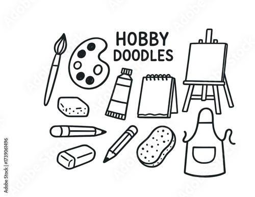 Art supplies doodles: canvas, brushes, easel, apron, palette for creative hobbies