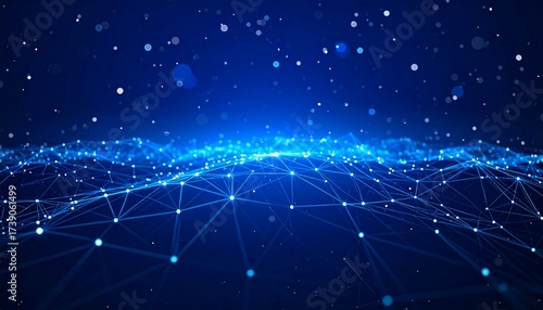 Abstract blue background with stars and glowing fiber optic lights in space design