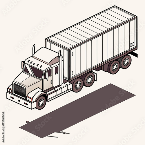Isometric illustration of a large semi truck with a cargo trailer on a light background with a shadow