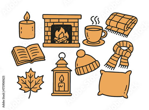 Cozy autumn elements with fireplace, candle, cup, blanket, lantern, and seasonal items