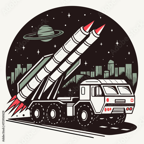 Mobile missile launcher with rockets aimed at the night sky above a cityscape and planet saturn