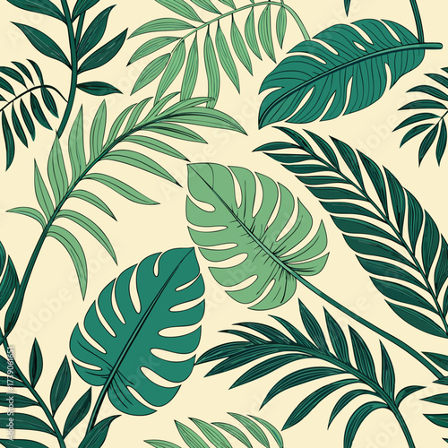 Seamless pattern of lush green tropical monstera and palm leaves on a light cream background