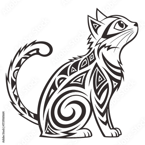 Stylized black and white tribal cat silhouette with intricate geometric patterns and swirling designs sitting gracefully