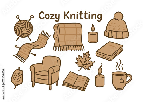 Cozy knitting elements: yarn, candles, books, and warm comforts