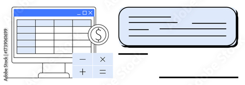 Computer screen displaying a spreadsheet and currency icon, calculator with math operations, and text block. Ideal for finance, budgeting, accounting, data organization, analysis, business planning