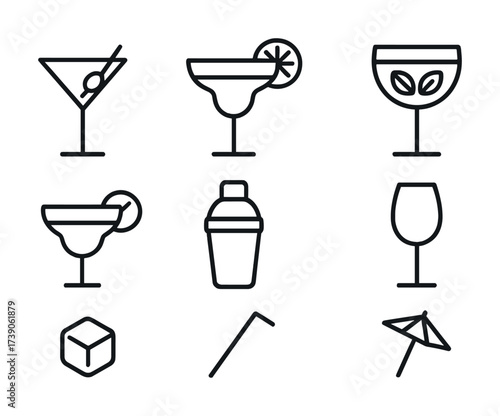 Minimalist cocktail icons: martini, margarita, wine, shaker, straw, umbrella, ice
