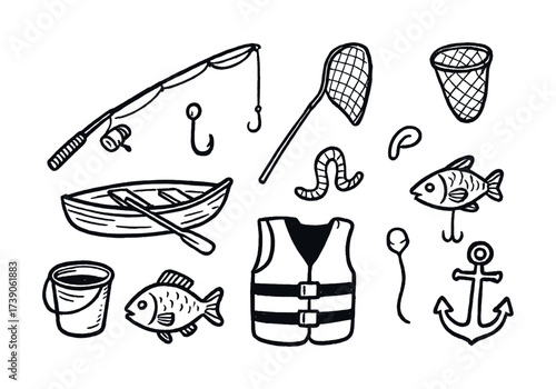 Hand-drawn fishing icons: boat, rod, fish, net, anchor, life vest, worm