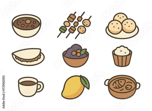 Variety of iconic asian foods including dim sum, noodles, and bubble tea