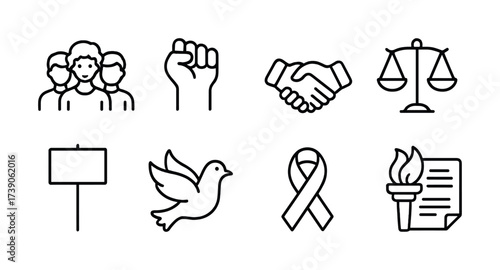 Set of eight icons representing social justice and peace themes