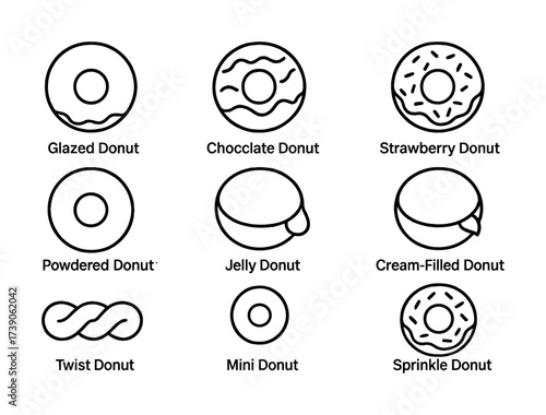 Variety of donuts: glazed, chocolate, strawberry, powdered, jelly, cream-filled, twist, mini, sprinkle