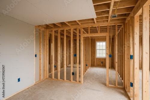 New home construction shows exposed wood framing and partial drywall. Electrical wiring and window installation highlight building progress.