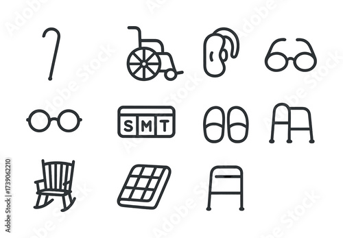 Elderly aid icons: wheelchair, hearing aid, glasses, walker, rocking chair