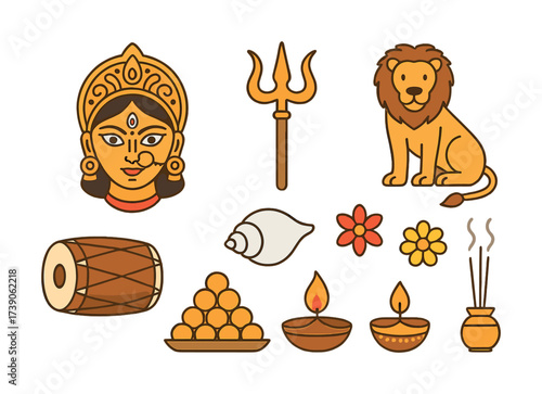 Hindu symbols: goddess, trident, lion, drum, shell, flowers, lamps, incense, pot
