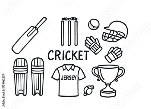 Cricket gear and awards: bat, stumps, ball, helmet, gloves, pads, jersey, trophy
