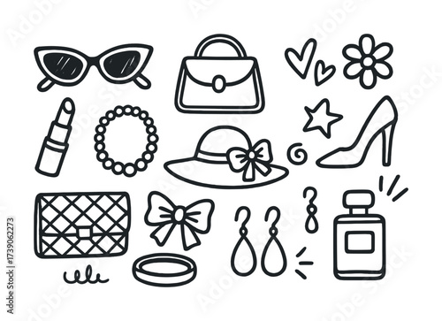 Fashion accessories collection: sunglasses, handbag, jewelry, perfume, high heels