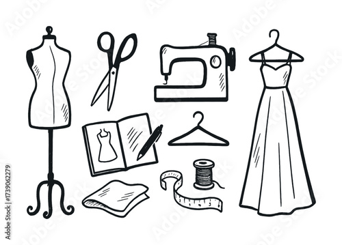 Fashion design tools: sewing machine, dress form, scissors, tape, dress sketch, fabric