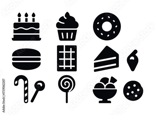 Assorted dessert and sweets icons: cake, cupcake, donut, ice cream, lollipop