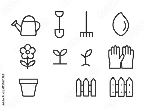 Gardening tools and symbols: watering can, shovel, rake, seeds, gloves, flower, pot, fence icons