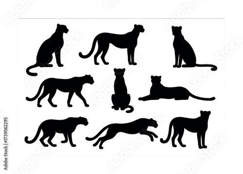 Cheetah silhouette collection: various poses and movements on white background