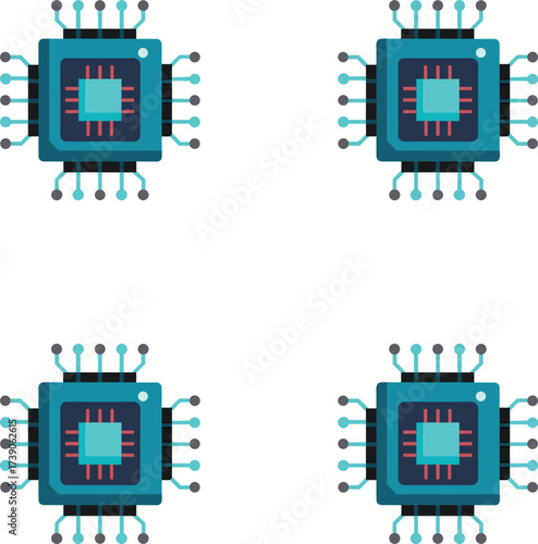 Vector stylized computer microchips arranged in a grid pattern on a white background. 