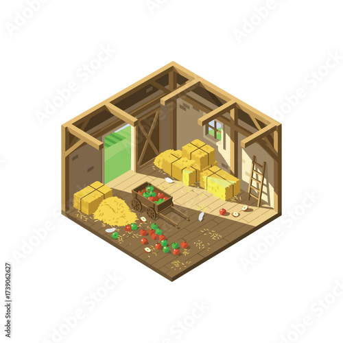 Isometric Pixel Art Illustration of a Barn Storage Room Interior.