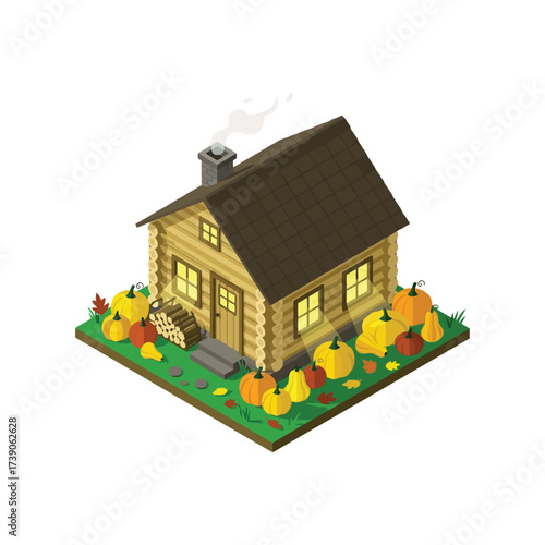 Isometric Log Cabin with Pumpkins and Autumn Foliage.