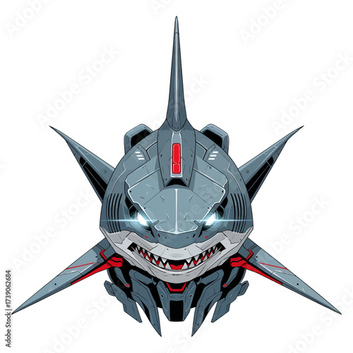Mecha shark warrior with metallic fins, glowing eyes, steel blue and red accents, angular minimalist cyberpunk design, forward-looking on white background