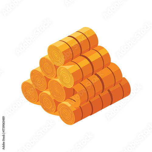 Isometric stack of round golden hay bales illustration.