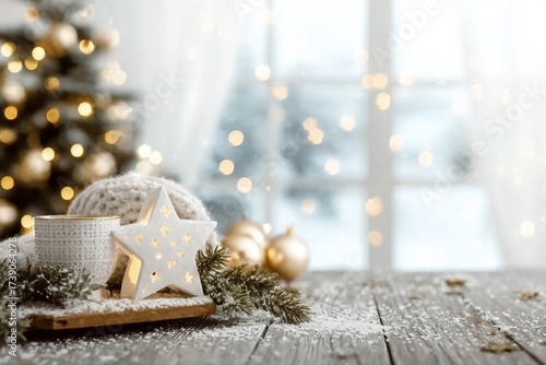 Cozy Christmas table top with decorations and snow on blur abstract holiday background