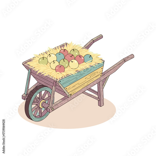 Old wooden wheelbarrow filled with fresh ripe apples and hay.