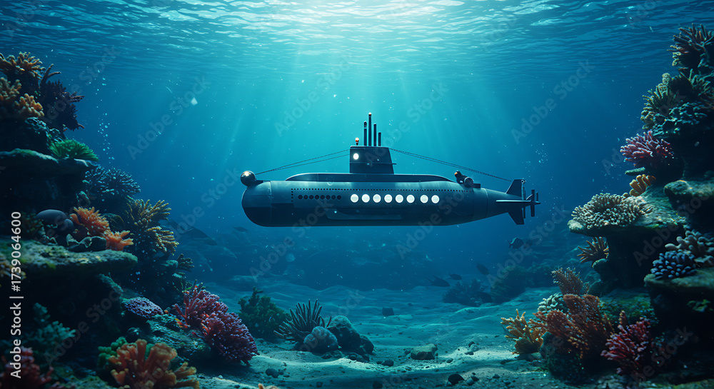 Fototapeta premium Submarine Exploration Underwater Journey Amidst Coral Reefs and Marine Life