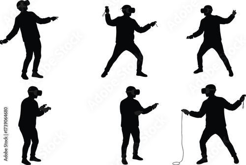 Virtual reality silhouettes, VR headset users, immersive gaming artwork, digital interaction illustration, futuristic technology design, augmented experience concept, modern entertainment lifestyle