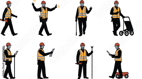 Construction worker silhouettes, engineering fieldwork illustration, industrial labor artwork,