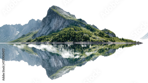 Alpine lake reflection showing beautiful mountain water landscape with scenic nature view mirrored surface tranquil outdoor environment isolated on white background
