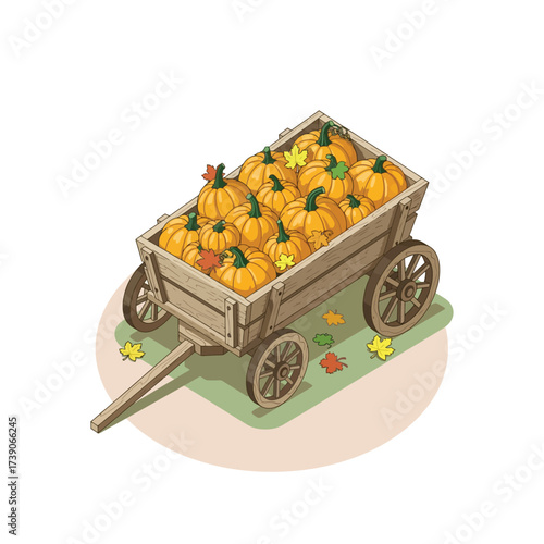 Wooden cart filled with ripe pumpkins and autumn leaves.