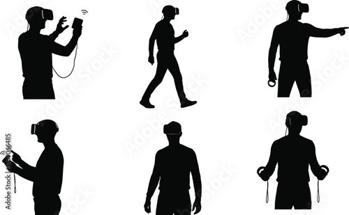 Virtual reality silhouettes, VR headset users, immersive gaming illustration, digital interaction