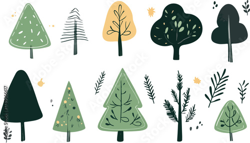 Collection of stylized hand drawn trees and foliage elements in a whimsical forest illustration