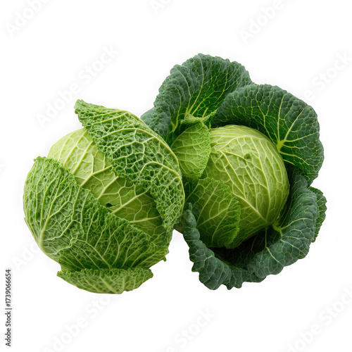 Two fresh green savoy cabbages with textured leaves arranged closely together on a transparent background isolated on transparent background