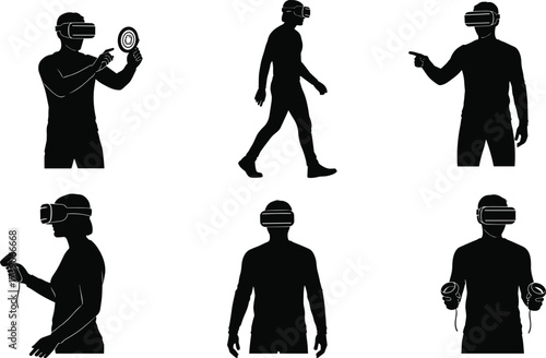Virtual reality silhouettes, VR headset users, immersive gaming illustration, digital interaction artwork, futuristic technology design, augmented experience concept, modern entertainment