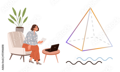 Woman in cozy chair with laptop and papers near a 3D pyramid sketch, plant, and wavy lines. Ideal for education, geometry, design, creativity, remote work, visualization simple flat metaphor