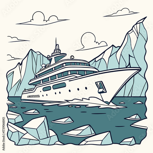 Vector art of a sleek yacht navigates icy waters surrounded by glaciers and icebergs, set against a backdrop of cloudy skies, capturing the essence of luxury travel in polar regions