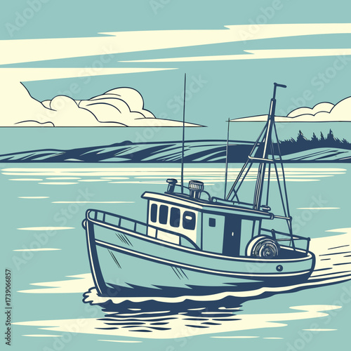 Vector art of a vintagestyle fishing boat sails on calm waters under a partly cloudy sky, with distant land visible, evoking a sense of traditional maritime life and serene coastal scenes