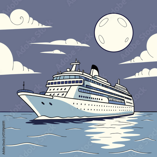 Vector art of a grand cruise ship sails under a full moon, surrounded by fluffy clouds, creating a captivating nautical scene with its reflection shimmering on the water, evoking a sense of wonder