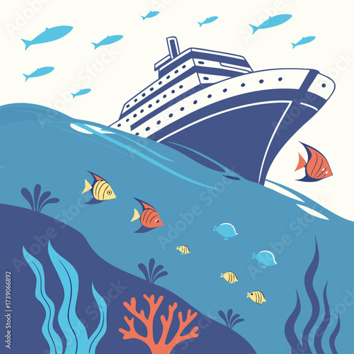 Vector art of a cruise ship sails through the ocean, surrounded by fish and coral, showcasing the beauty of marine life and the wonders of underwater exploration