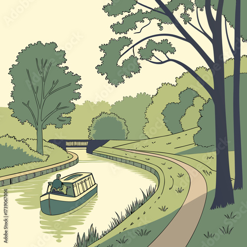Vector art of a picturesque canal scene with a boat gliding through the water, surrounded by trees and greenery, creating a tranquil and scenic view in a cartoon style illustration