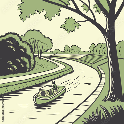 Vector art of a serene canal landscape with a small boat navigating the waterway, surrounded by lush greenery and trees, creating a peaceful and idyllic scene in a cartoon style illustration