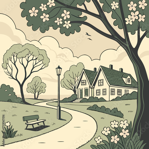 Vector art of a serene cartoon illustration captures the essence of suburban living, with charming houses nestled amidst lush greenery, creating a peaceful and idyllic neighborhood scene