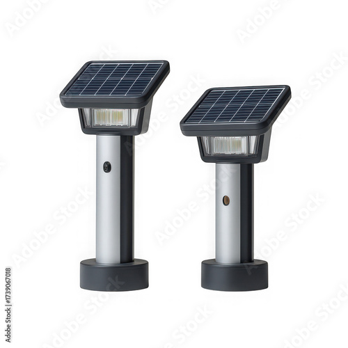 Two modern solar powered garden lights with adjustable height poles and black bases isolated on transparent background