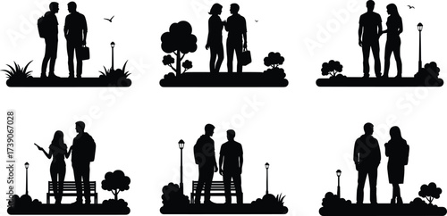 Couple silhouettes, outdoor romance illustration, relationship artwork, companionship design,